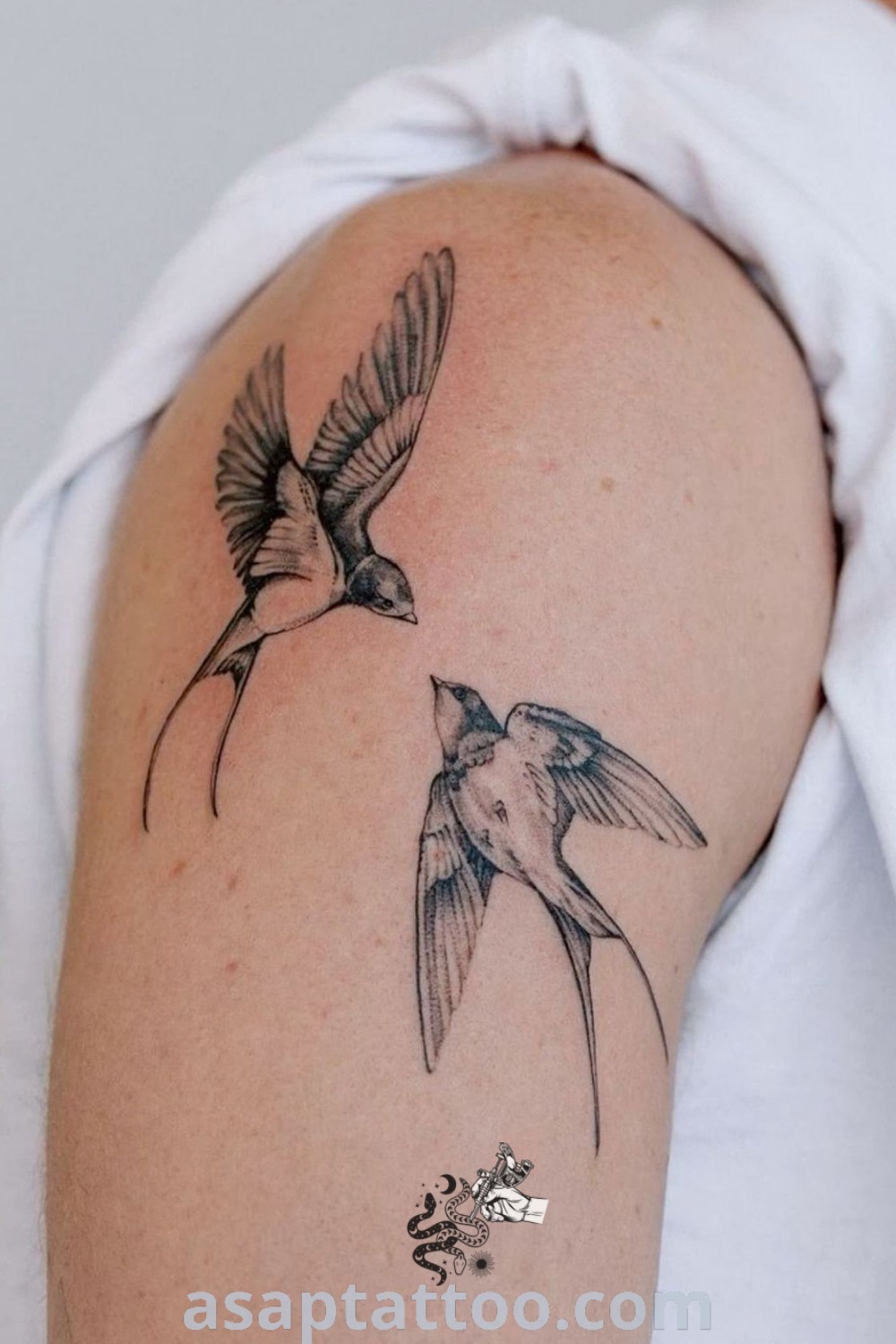 Couple of birds flying on a woman