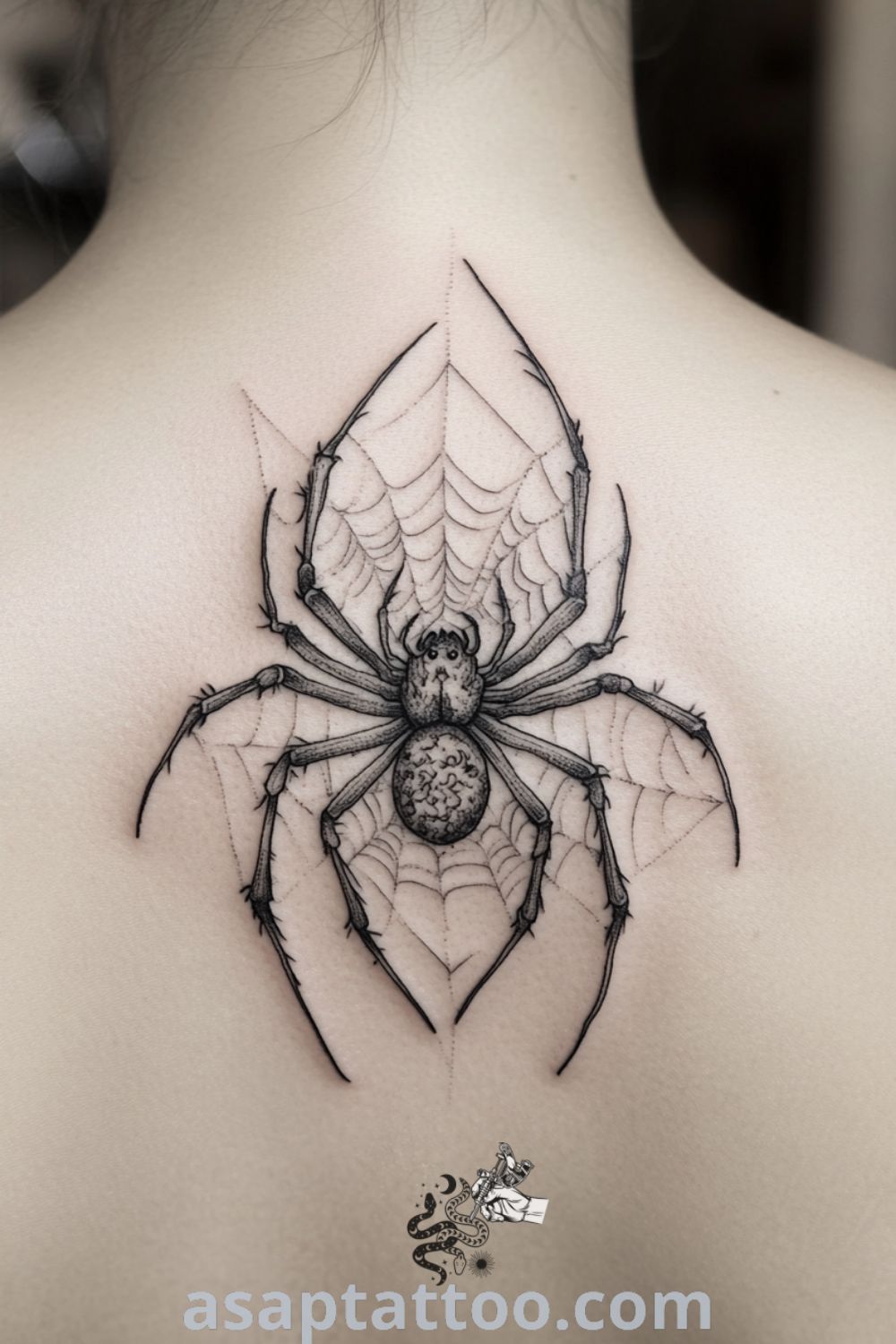 Japanese spider tattoo on the upper back featuring intricate linework, deep black ink, and subtle gray gradients, creating a three-dimensional effect. A gorgeous tattoo design that you must see to believe. asaptattoo.com