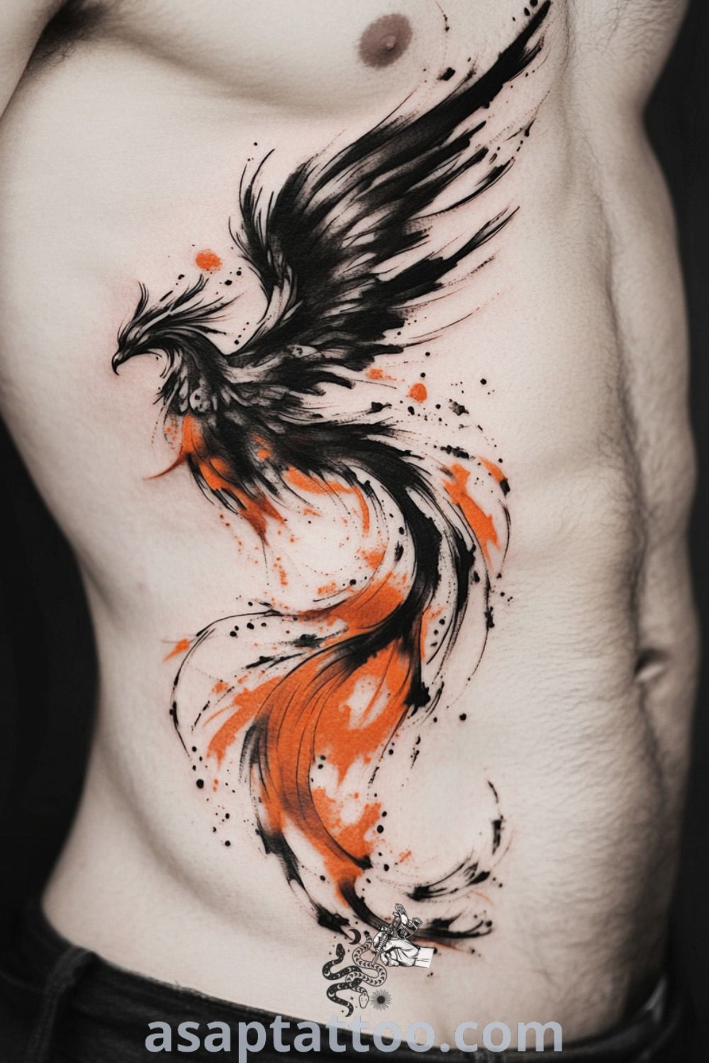 Brush ink phoenix tattoo featuring elegant wings in deep blacks, vibrant oranges, and reds, showcasing intricate details. An inspiring tattoo design idea you must see to believe. asaptattoo.com