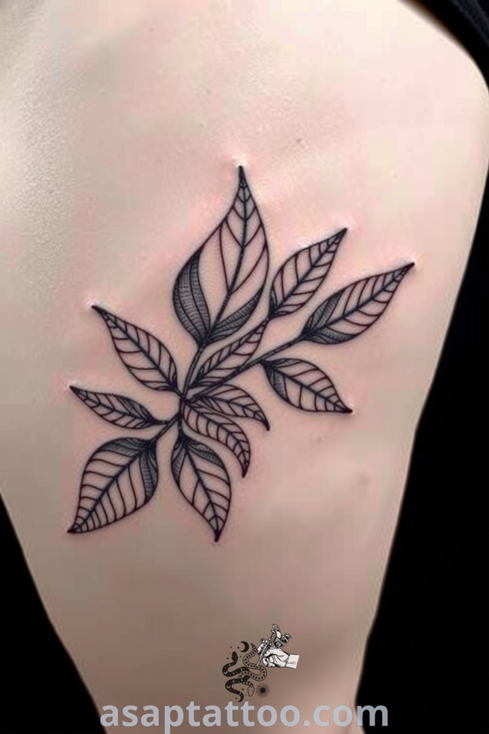 Geometric plant tattoo with sharp symmetry and abstract leaves, showcasing intricate linework and rich ink saturation that creates depth. An amazing tattoo design you must see to believe. asaptattoo.com