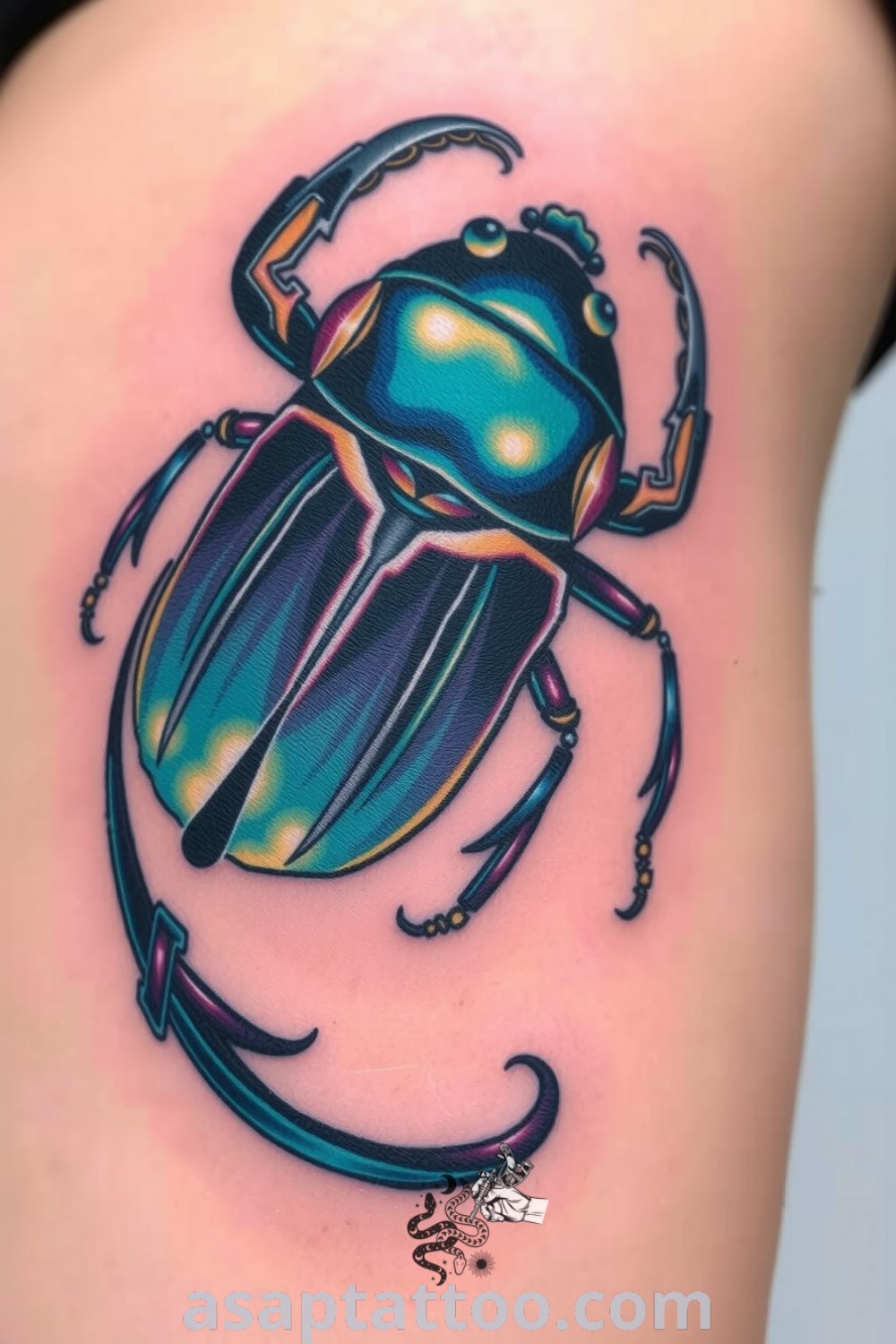 Intricate beetle tattoo with vibrant iridescent blues and greens, showcasing elegant linework and shading. A gorgeous tattoo idea that symbolizes resilience and transformation you must see to believe. asaptattoo.com