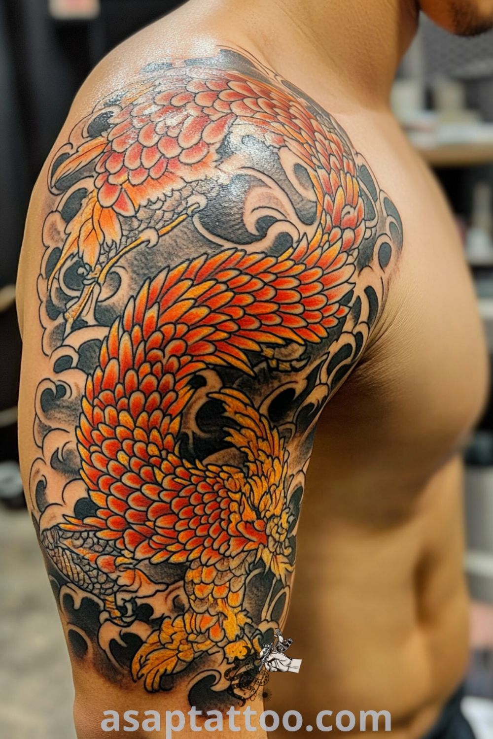 A vibrant phoenix tattoo on a shoulder with red and gold hues, featuring intricate details and a lifelike design. An inspiring tattoo idea you must see to believe. asaptattoo.com
