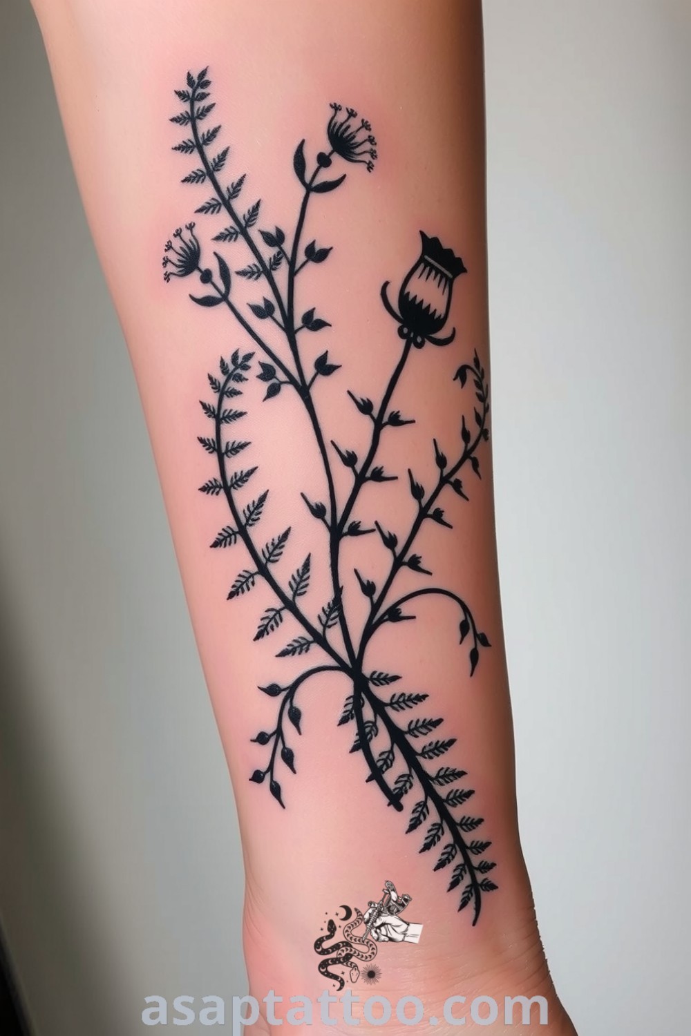 Etching-style tattoo of intertwining ferns and wildflowers with intricate linework and cross-hatching. A gorgeous tattoo design ideas to inspire you to get inked. asaptattoo.com
