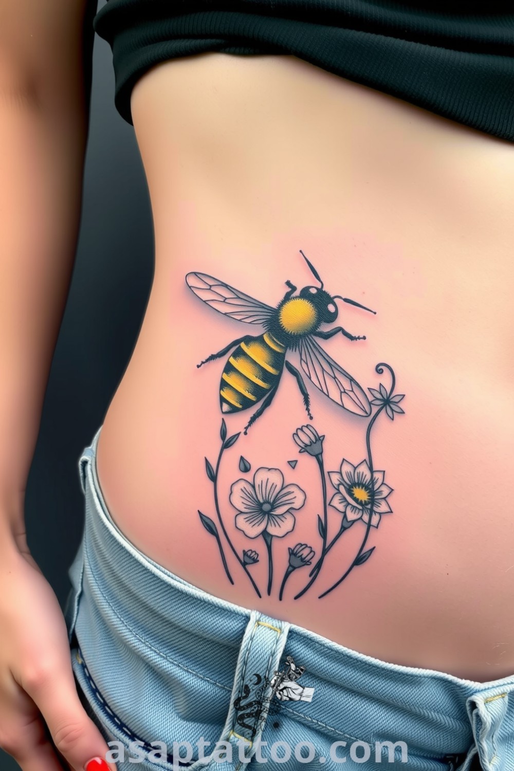 Surreal bee tattoo with vivid yellows and deep blacks, depicting the bee hovering in a field of ethereal flowers. An elegant tattoo idea that will inspire you to get inked. asaptattoo.com