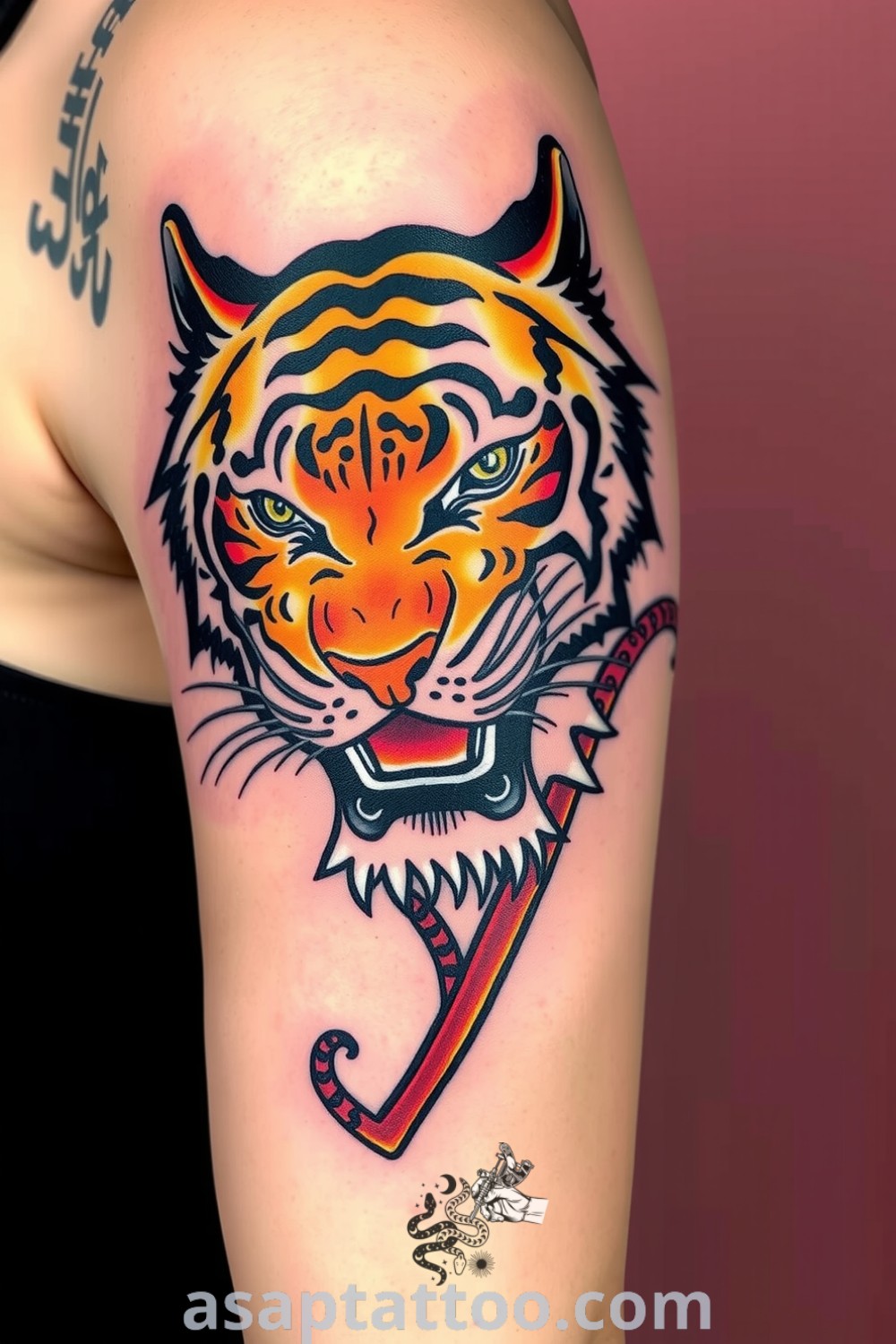 Traditional tiger tattoo with bold black outlines and vibrant orange and yellow shades. A gorgeous design that embodies strength and resilience, and an amazing tattoo idea you must see. asaptattoo.com