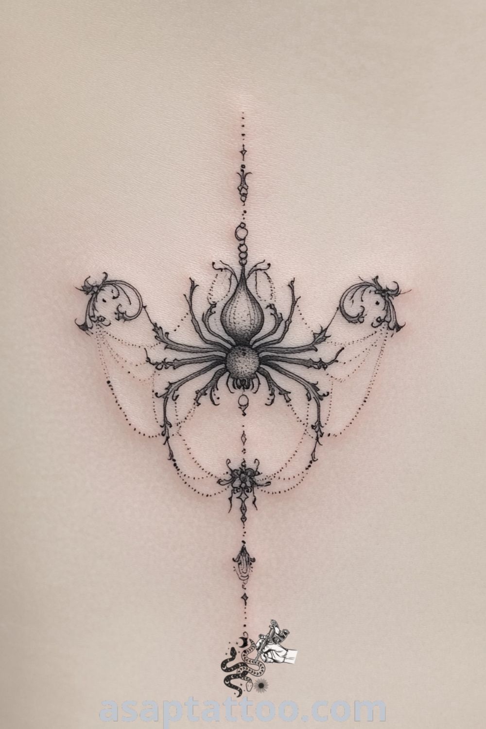 Baroque spider tattoo featuring intricate linework and shading in deep blacks and shadowy grays, showcasing personal significance and artistic craftsmanship. Amazing tattoo ideas you must see to believe. asaptattoo.com