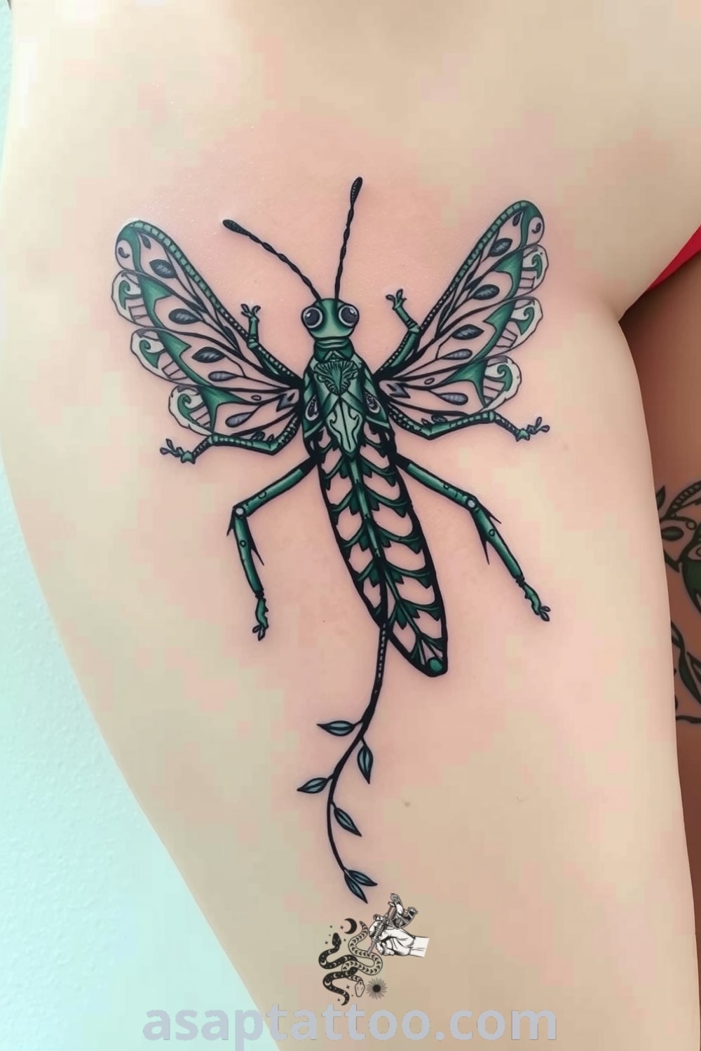 Intricate lace-pattern grasshopper tattoo in shades of green, featuring elegant linework that highlights the thigh