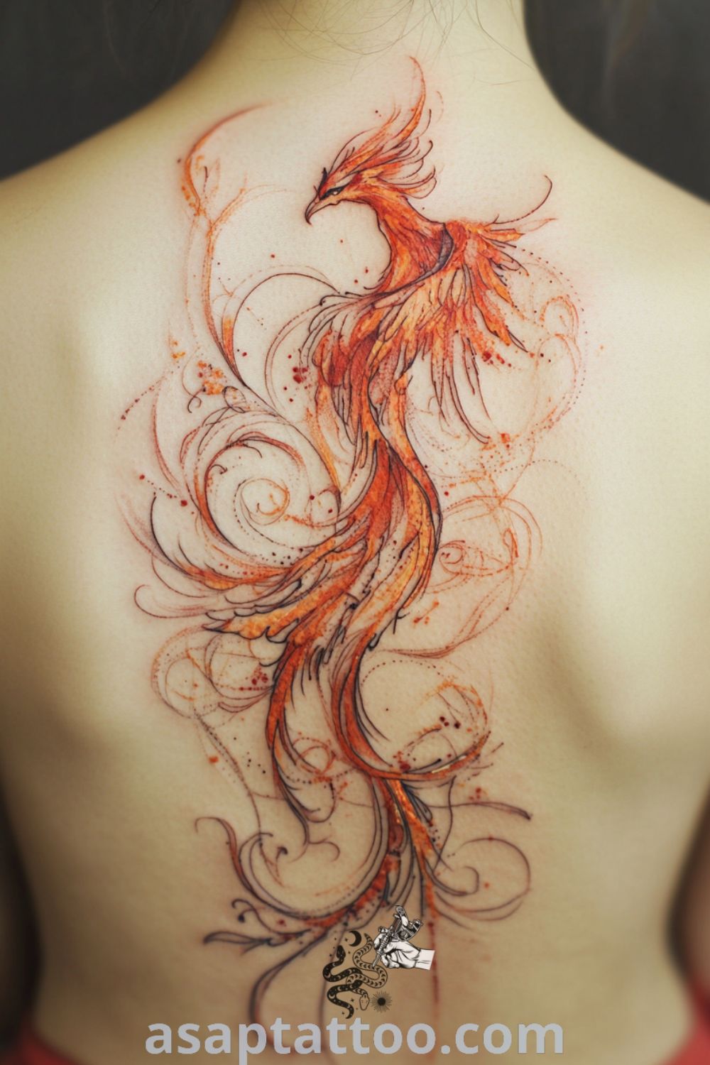 Sketch-style phoenix tattoo with intricate linework and vibrant red and orange hues representing strength and transformation. An amazing tattoo idea you must see to believe. asaptattoo.com