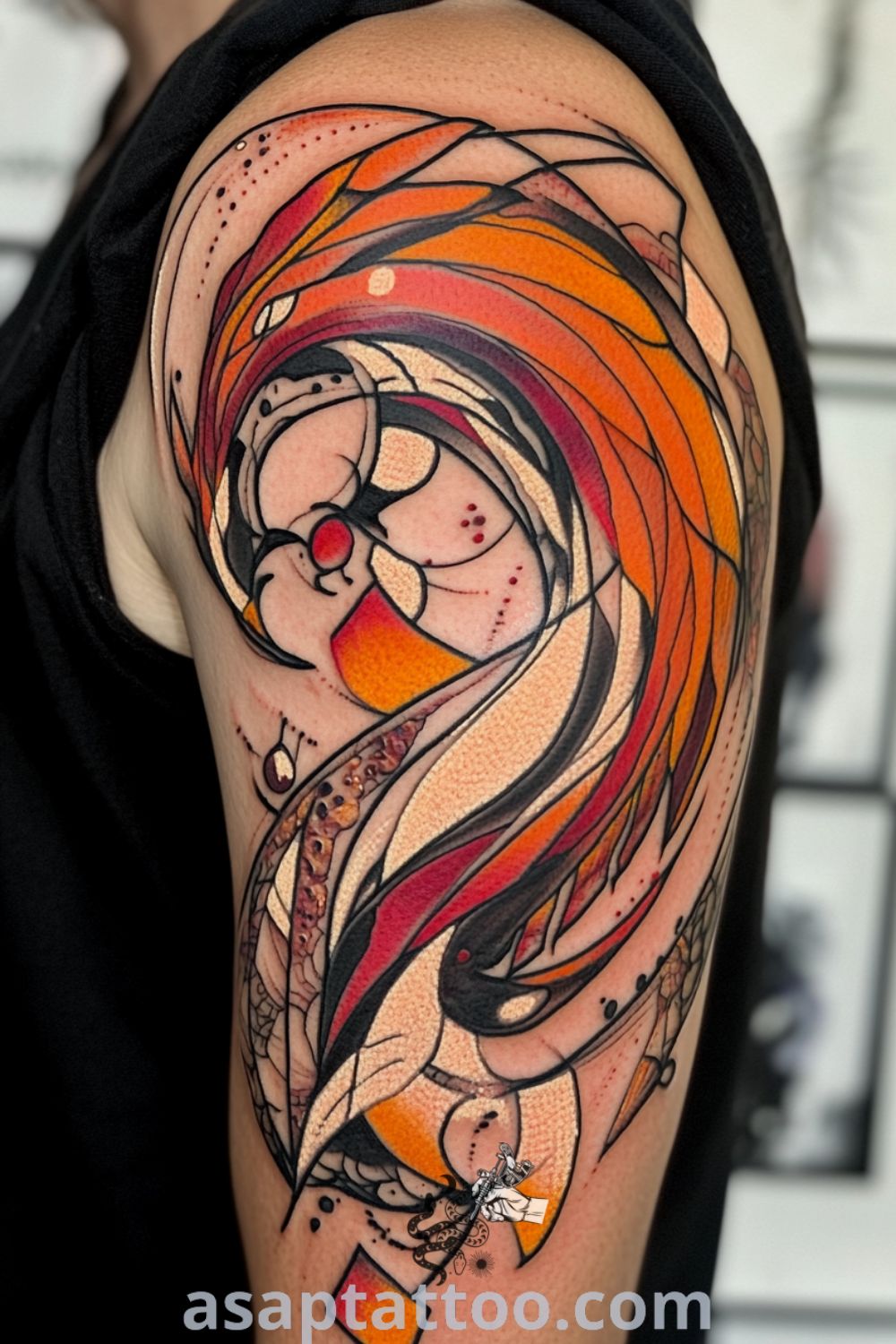 Neo-traditional phoenix tattoo with vibrant reds, oranges, blacks, and yellows, showcasing intricate details and embodying themes of rebirth and movement. An amazing tattoo idea you must see. asaptattoo.com