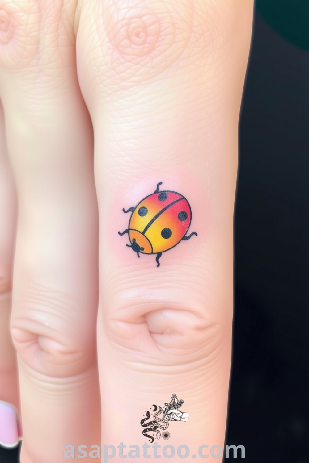 Pastel ladybug tattoo with a gradient from pink to yellow, featuring intricate linework and shading for depth. An amazing tattoo design that represents good luck and beauty. asaptattoo.com