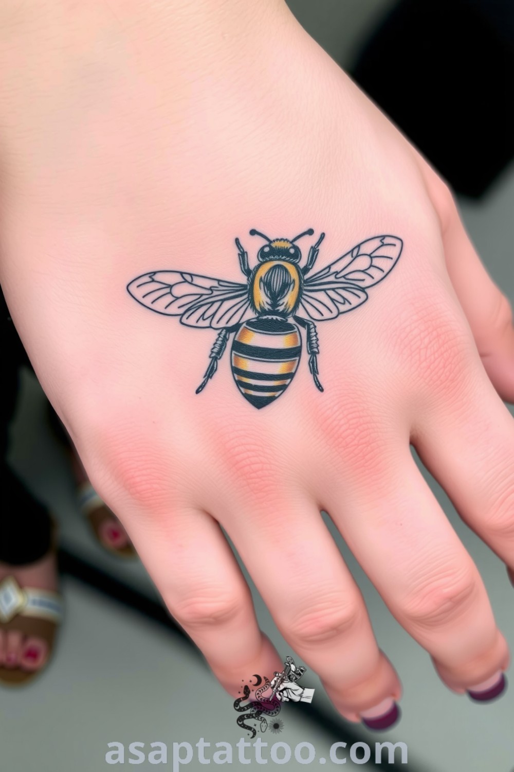 Intricate etching-style bee tattoo on the back of a hand, showcasing fine linework and shading for a realistic effect. A gorgeous tattoo idea you must see to believe. asaptattoo.com