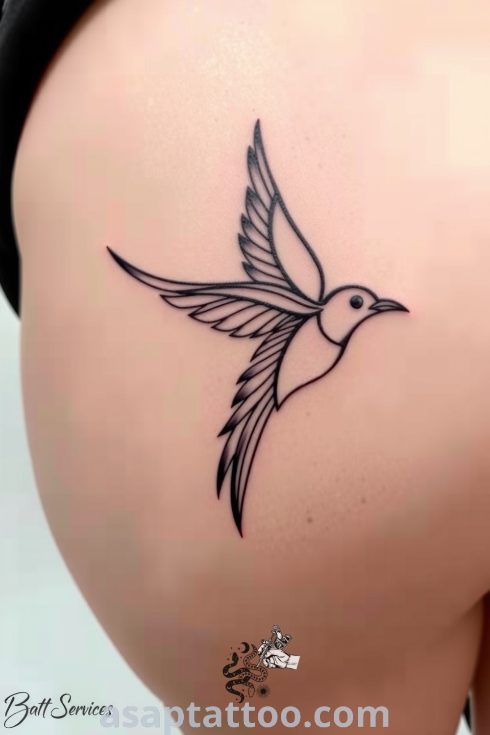 Intricate blackwork bird tattoo featuring delicate feather details and lifelike appearance, representing freedom and grace. An elegant tattoo idea that you must see to believe. asaptattoo.com