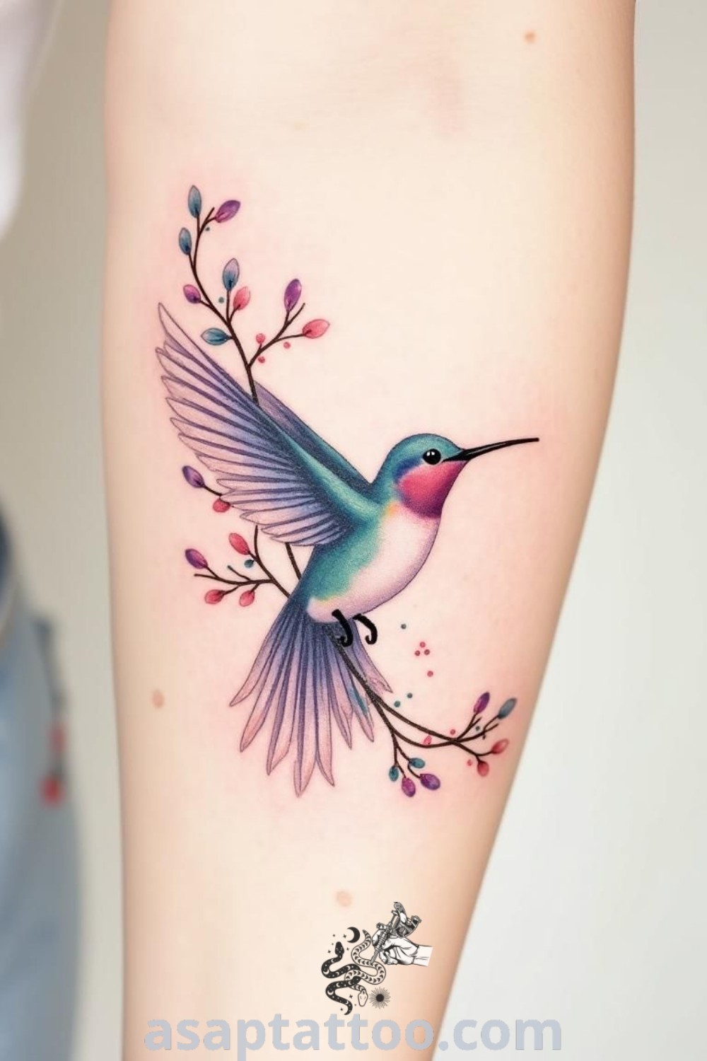 Colorful hummingbird tattoo with pink flowers on the right arm and leg, an amazing and inspiring design that showcases elegant artistry. Discover the best tattoo ideas you have to see to believe at asaptattoo.com.