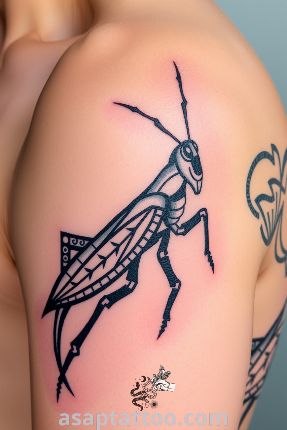 Tribal grasshopper tattoo on shoulder blade with intricate bold lines in saturated blacks and deep grays, creating a textured appearance. An amazing tattoo idea you will absolutely love. asaptattoo.com