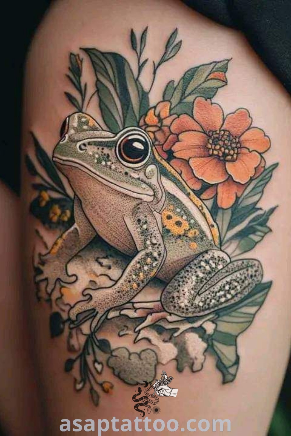Whimsical frog sitting on a tree branch with flowers, showcasing a colorful tattoo design perfect for leg tattoos. An inspiring choice for frog flower tattoos and woodland sleeve ideas you will absolutely love. Discover more at asaptattoo.com.
