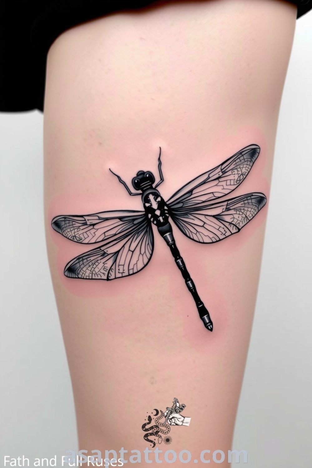 Monochrome dragonfly tattoo showcasing detailed linework and grey gradient wings, representing freedom and transformation. A gorgeous tattoo idea you must see to believe. asaptattoo.com