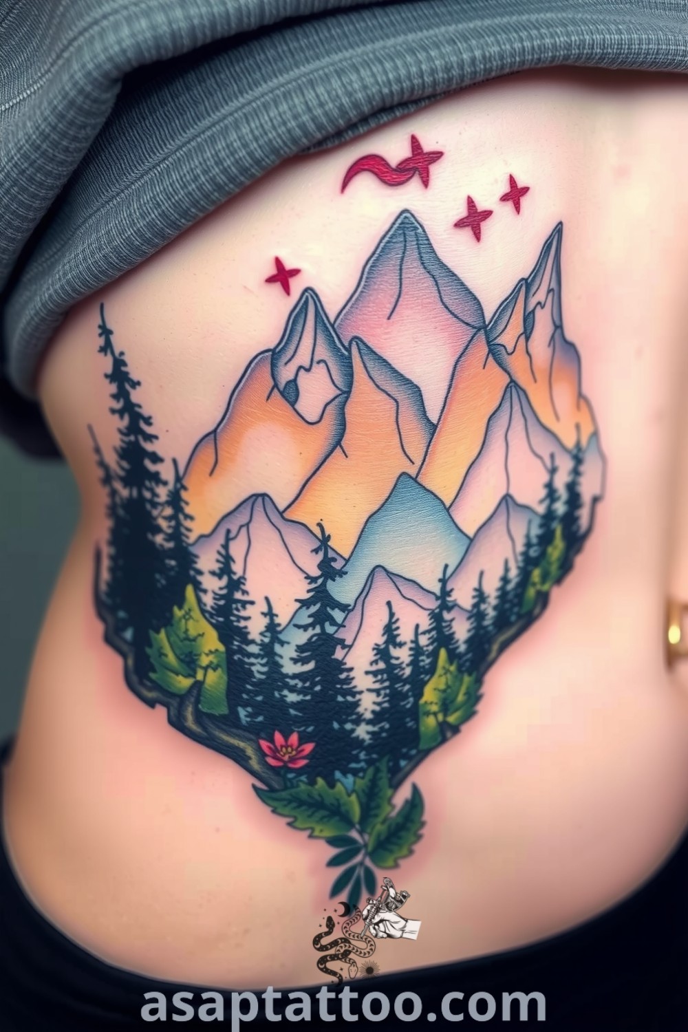 Surreal tattoo of a forest and mountains on the ribcage, with intricate linework and a vibrant color blend. An elegant tattoo idea that will inspire you to get inked. asaptattoo.com