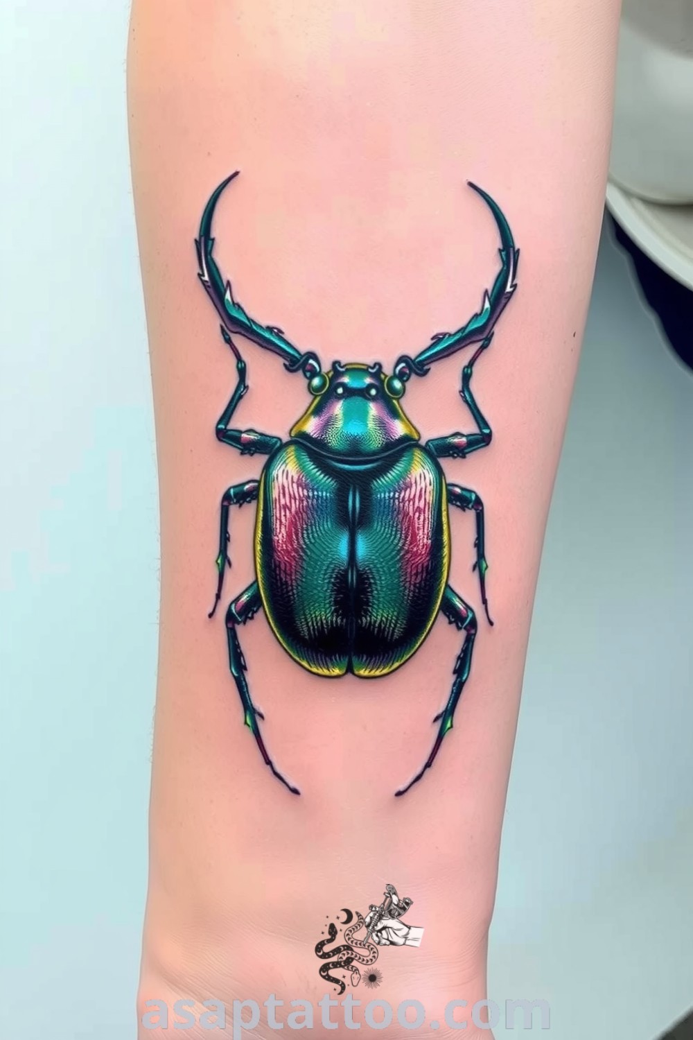 Surreal beetle tattoo with deep emerald greens and shimmering purples intricately designed on the arm, showcasing vibrant colors and detailed linework. An amazing tattoo idea you must see to believe. asaptattoo.com