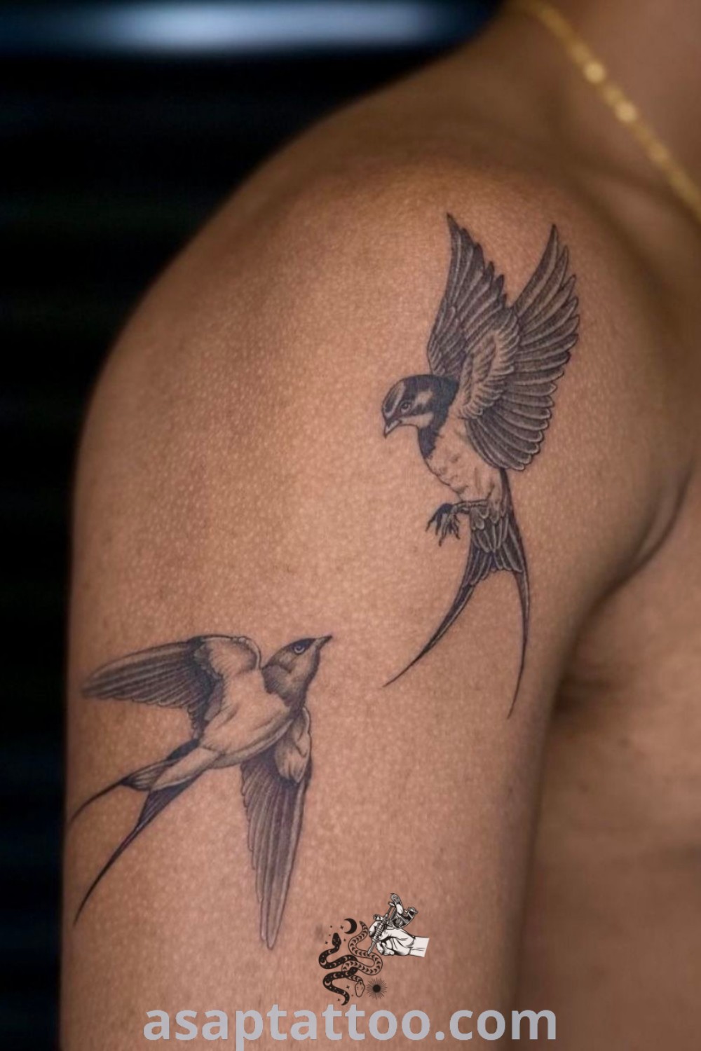 Two birds flying next to each other in a realistic style on a man