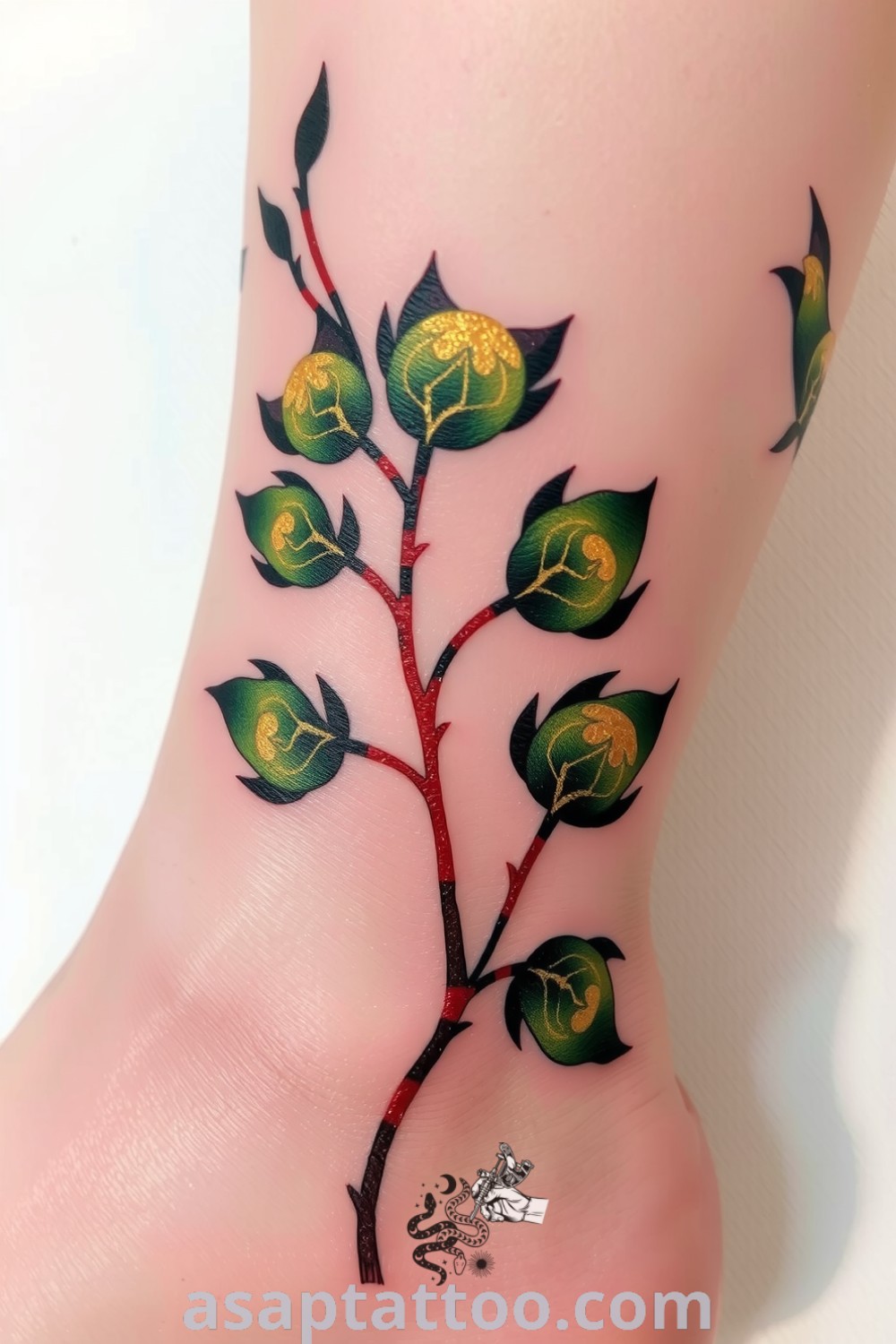 Kintsugi plants tattoo on the ankle with intricate gold veins and earthy green tones, representing resilience and the beauty of imperfection. This elegant tattoo idea is truly inspiring and you must see. asaptattoo.com