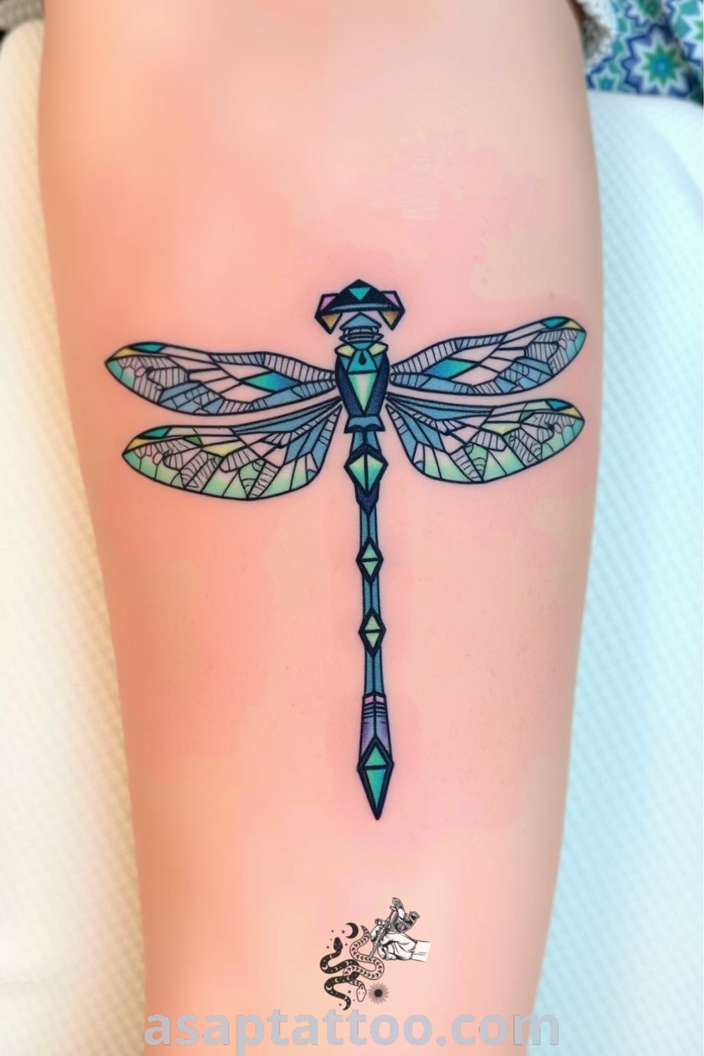 Geometric dragonfly tattoo with intricate linework and a gradient of blues and greens, creating an elegant and lifelike design. This amazing tattoo idea will inspire you to get inked. asaptattoo.com