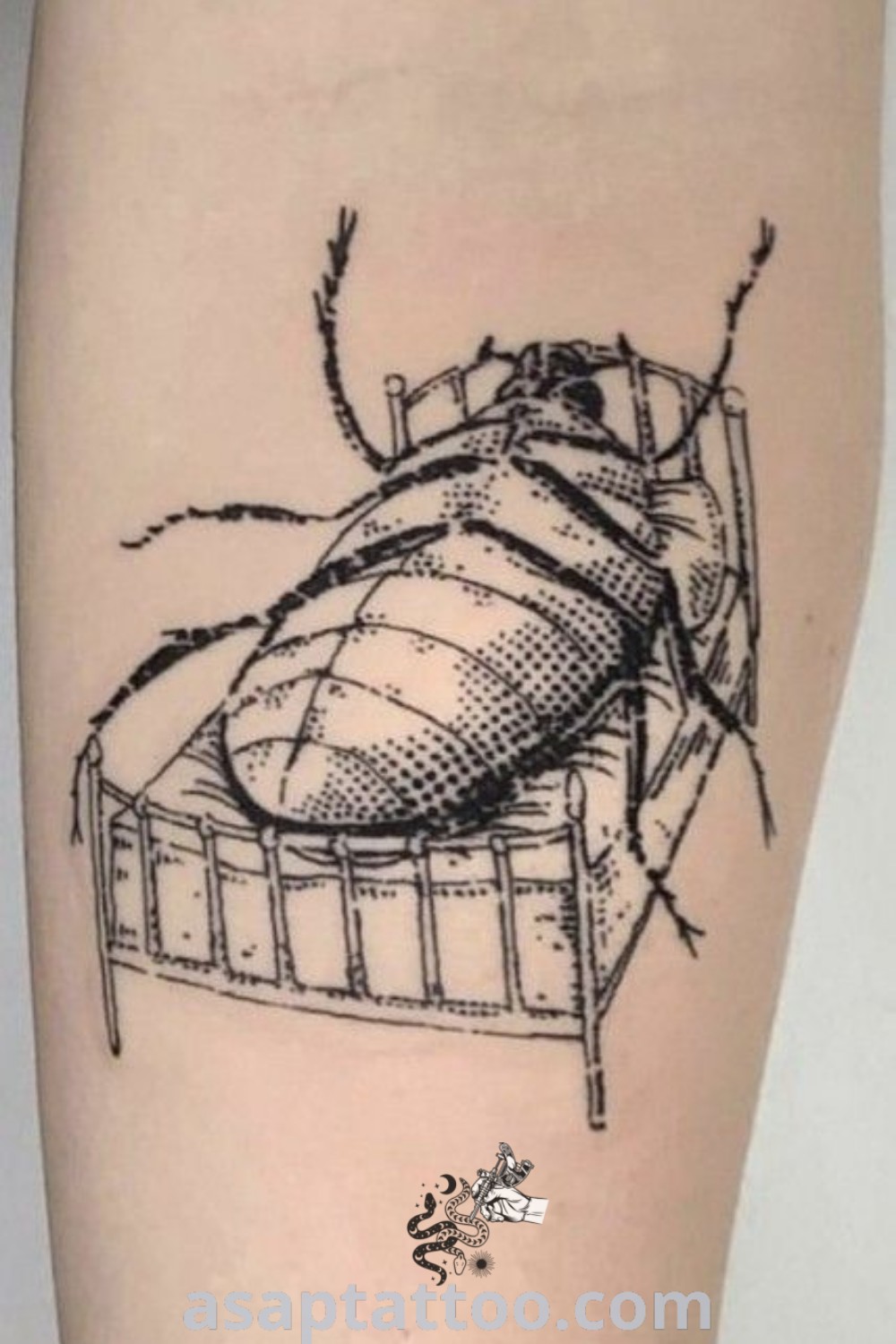 A drawing of a bed bug on the leg depicted as a funky metamorphosis tattoo, perfect for awareness and female tattoo enthusiasts. A vibrant design featured on asaptattoo.com.