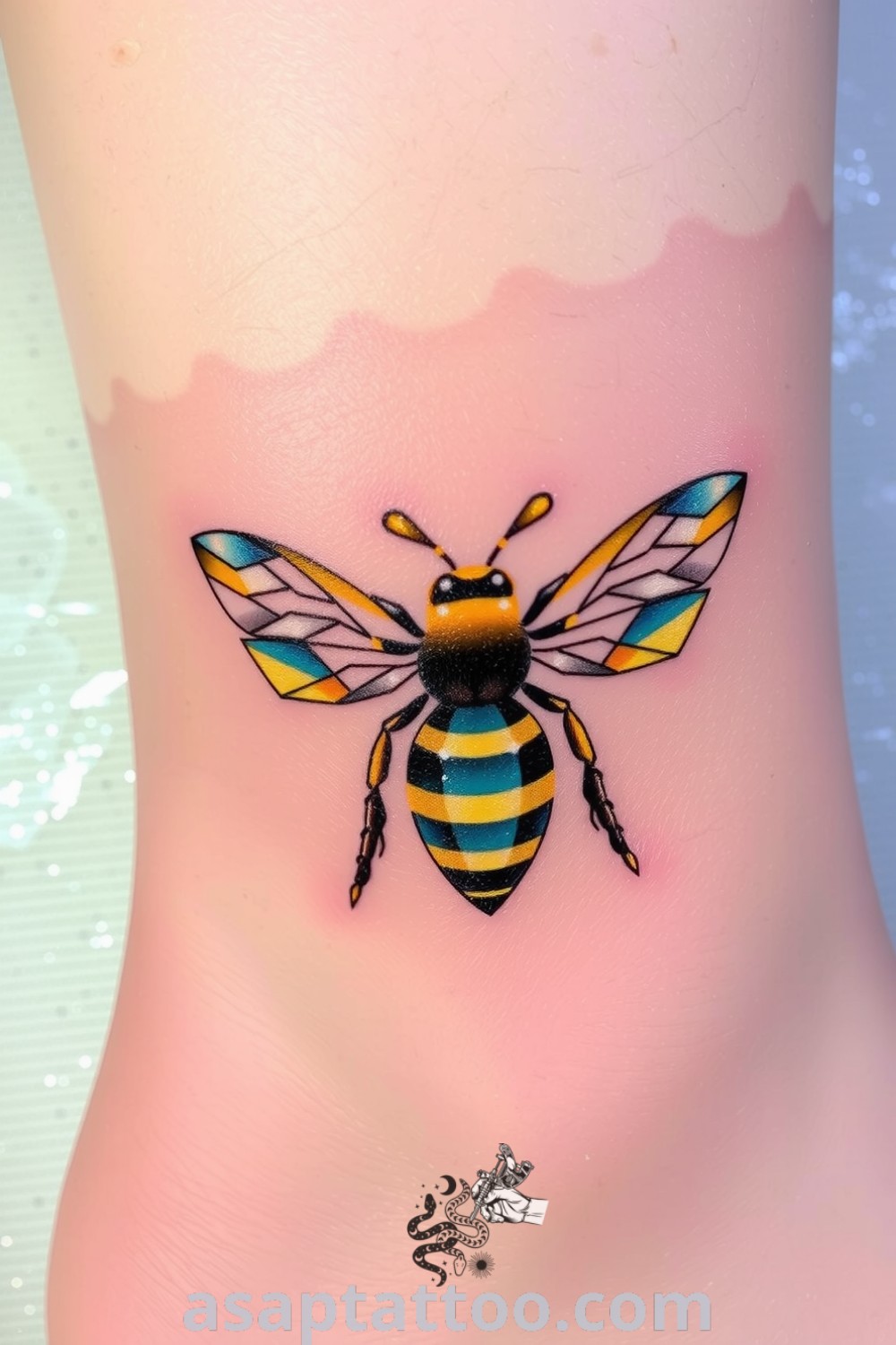 Crystalline bee tattoo with intricate geometric patterns in gold and turquoise, showcasing a three-dimensional design. A gorgeous tattoo idea you must see to believe. asaptattoo.com