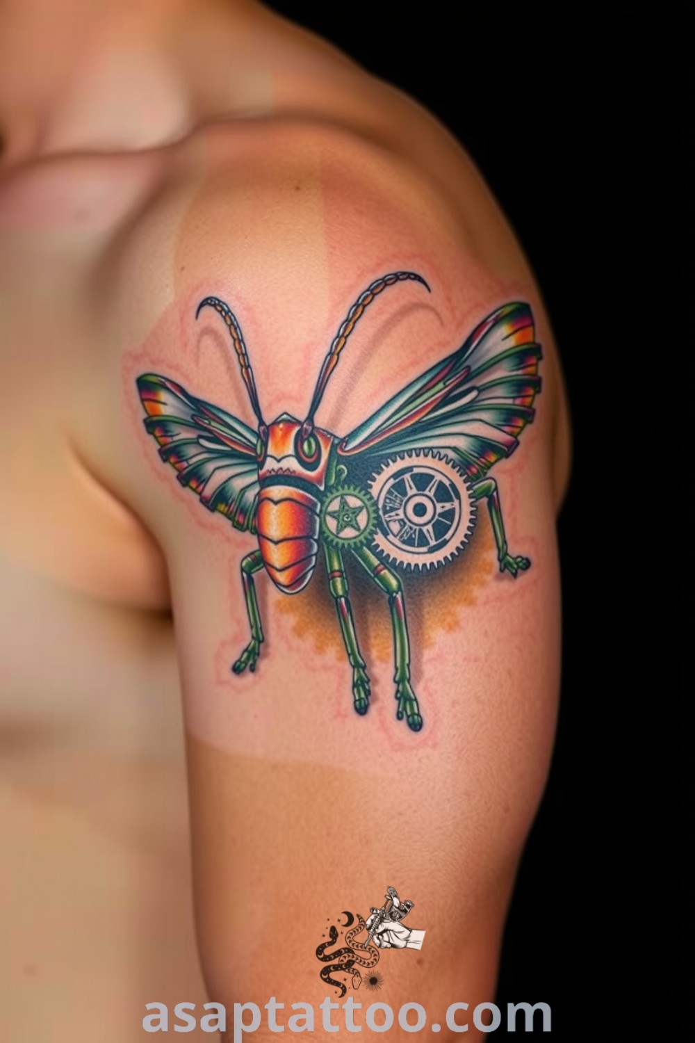 Steampunk grasshopper tattoo with intricate gears and clockwork details, showcasing a blend of nature and innovation in a gorgeous design. A tattoo idea you must see to believe, perfect for those seeking to decorate their body with meaningful art. asaptattoo.com