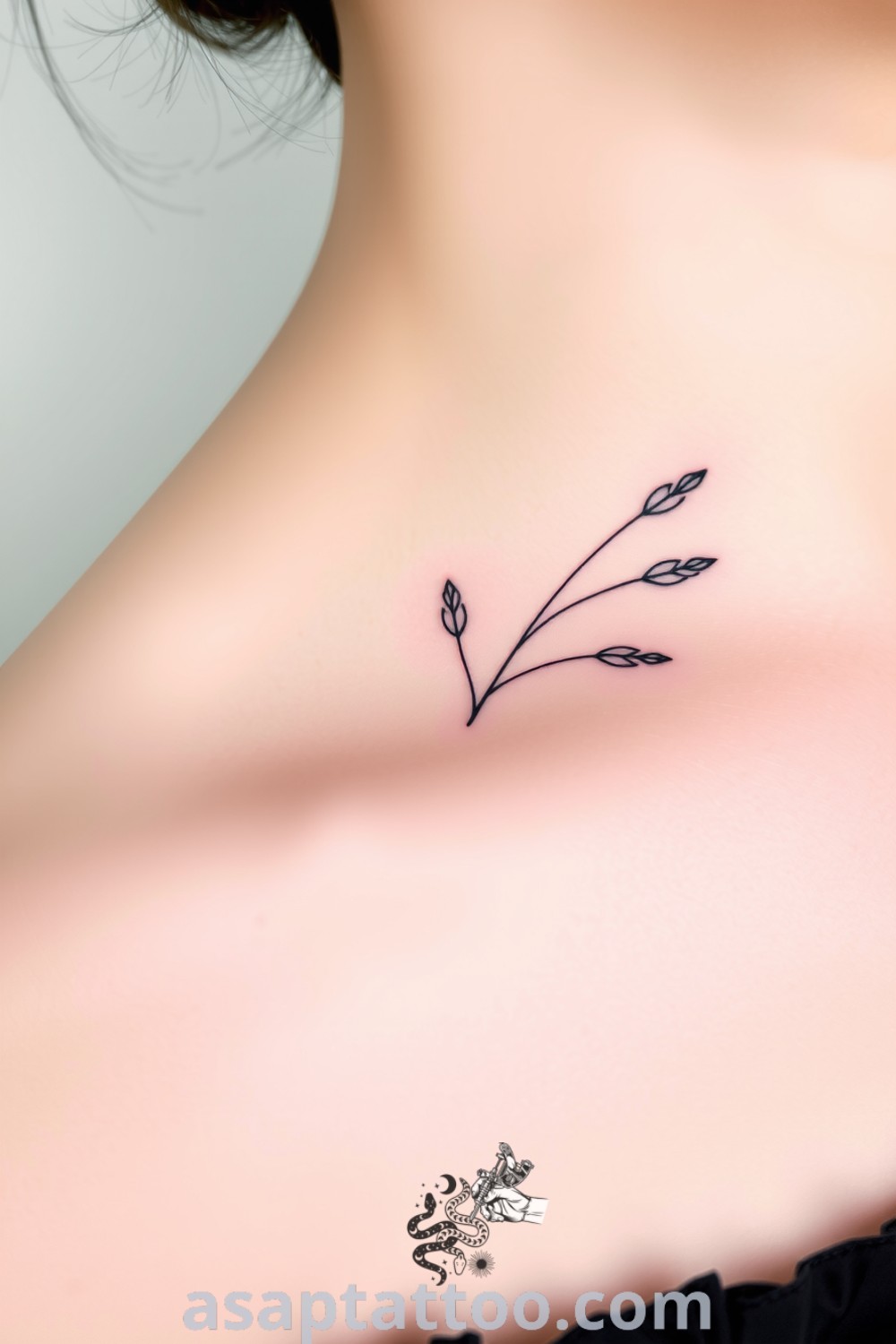 Minimalist plant tattoo on the collarbone with fine lines depicting leaves and stems, showcasing an elegant design. This gorgeous tattoo idea will inspire you to get inked. asaptattoo.com