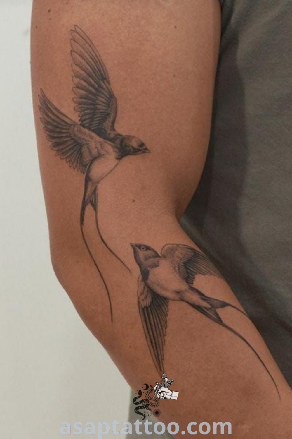 Stunning bird tattoo on arm with detailed 2 sparrows and blue birds design, showcasing elegant and artistic features. Explore the best tattoo ideas you have to see to believe at asaptattoo.com.
