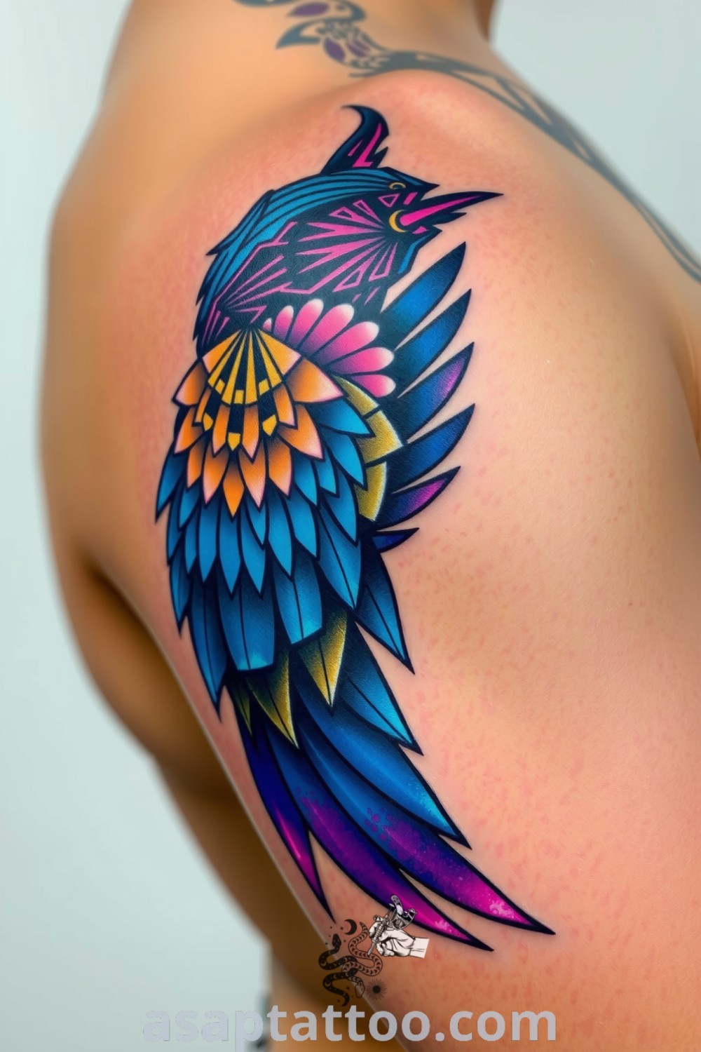 Cyberpunk bird tattoo with intricate linework and vibrant colors, showcasing sharp angles and geometric patterns. A gorgeous tattoo idea that reflects personal significance and artistic flair. asaptattoo.com