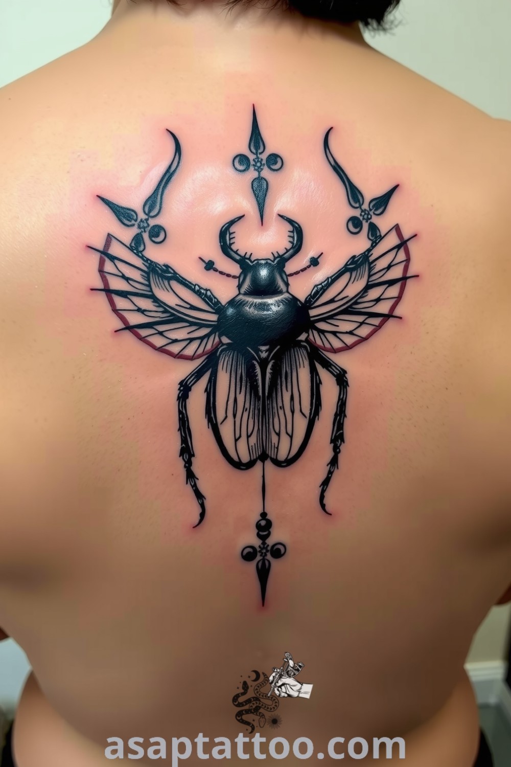 Sacred beetle tattoo with intricate linework and rich blacks, symbolizing transformation and protection. An amazing tattoo idea you must see to believe. asaptattoo.com