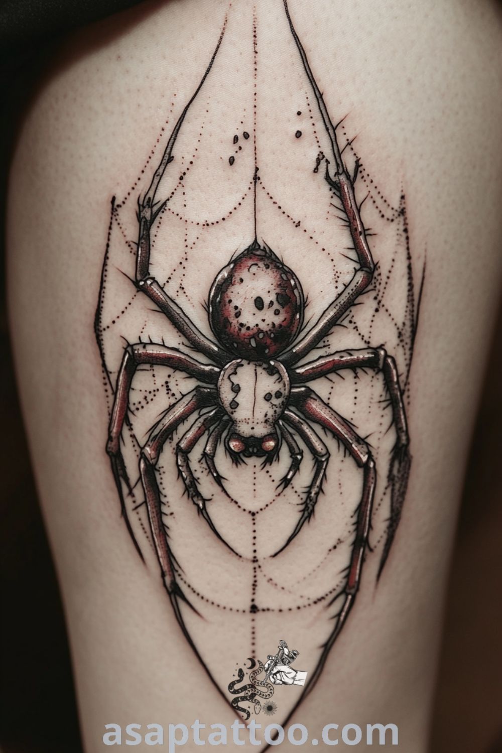Comic-style spider tattoo with rich blacks and deep reds, featuring sharp linework and playful gradients. A gorgeous tattoo idea you must see to believe. asaptattoo.com