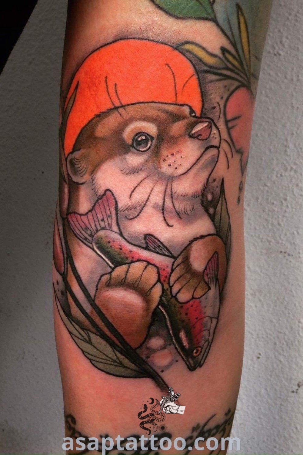 Neotraditional otter tattoo with a charming animal wearing a hat and holding a knife and fork. A stunning addition to otter tattoos and animal tattoo art that you will absolutely love. Explore best tattoo ideas at asaptattoo.com.