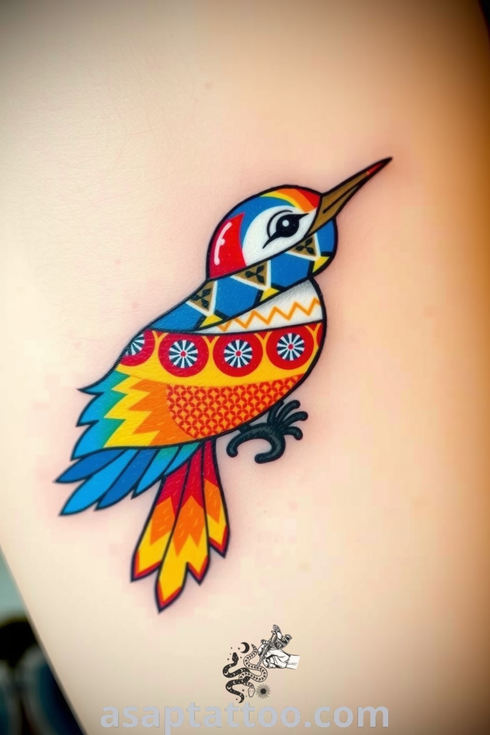 Folk art bird tattoo featuring bold blue, yellow, and red colors with intricate patterns, symbolizing freedom and community. A gorgeous tattoo idea that you must see to believe. asaptattoo.com