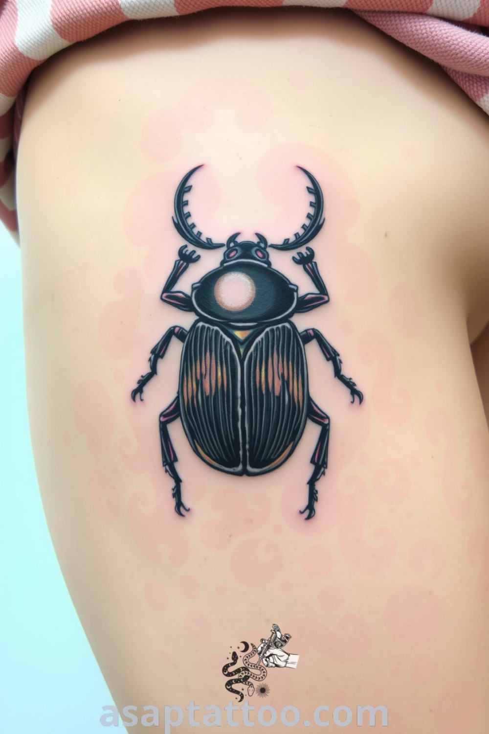 Antique beetle tattoo with detailed linework and rich shading, showcasing iridescent elements and a striking design. A gorgeous tattoo idea that symbolizes transformation and resilience you will absolutely love. asaptattoo.com