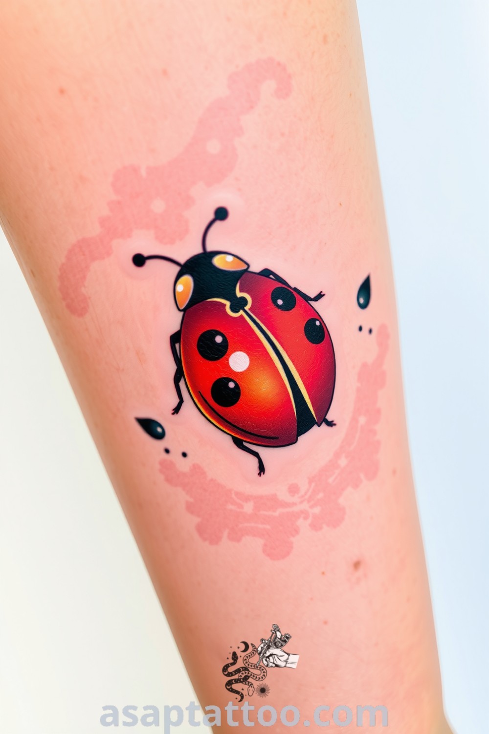 Sketch-style ladybug tattoo on calf with vibrant reds and blacks, showcasing dynamic linework and gentle shading. A gorgeous tattoo idea that embodies good luck and nature