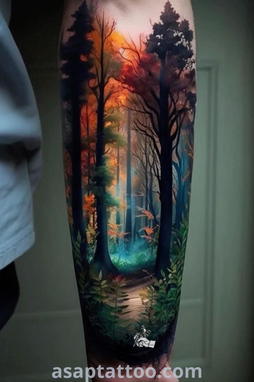 Stunning forest tattoo sleeve featuring colorful leg tattoos, tree tattoos, and a nature-inspired landscape design. Discover the best tattoo ideas you must see to believe at asaptattoo.com.