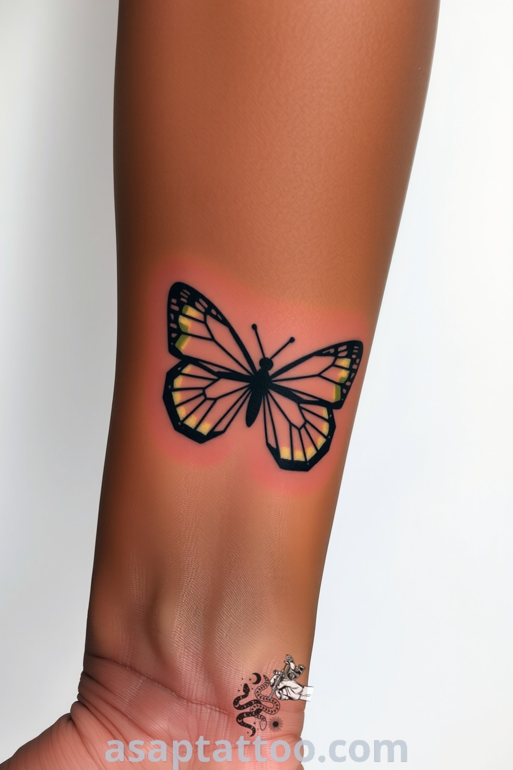 Geometric butterfly tattoo in rich black ink with gradients, showcasing sharp lines and depth. A gorgeous tattoo idea that symbolizes transformation and freedom, perfect for anyone looking to decorate their body with meaning. asaptattoo.com
