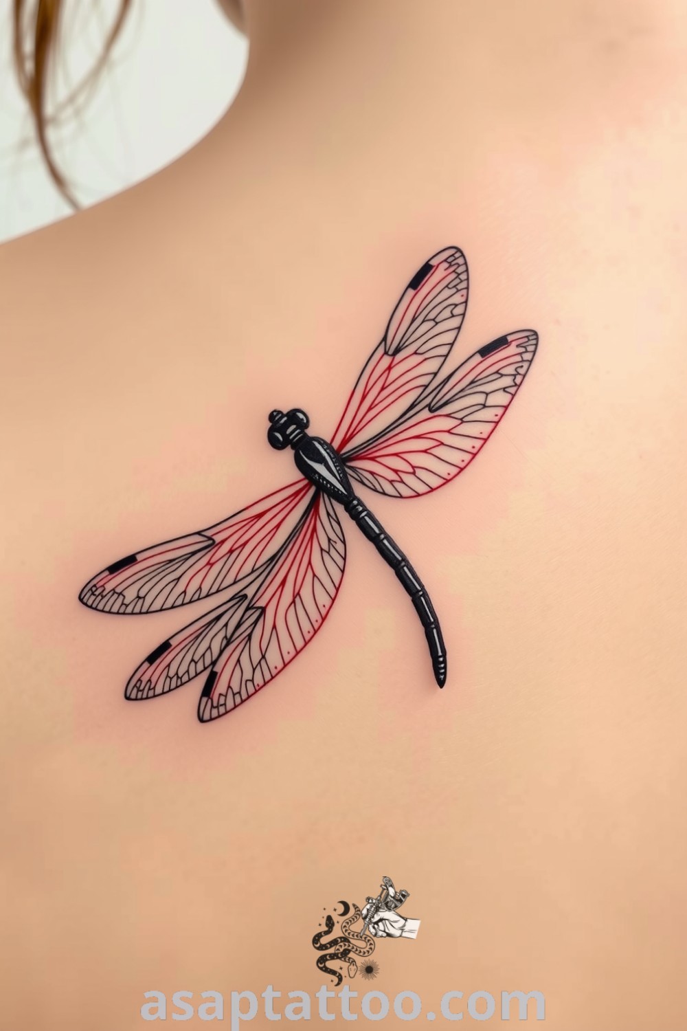 Intricate linework dragonfly tattoo in black ink, depicting detailed wings with fine lines and gradients. A gorgeous tattoo idea that embodies freedom and transformation perfect for anyone looking to decorate their body with meaningful art. asaptattoo.com