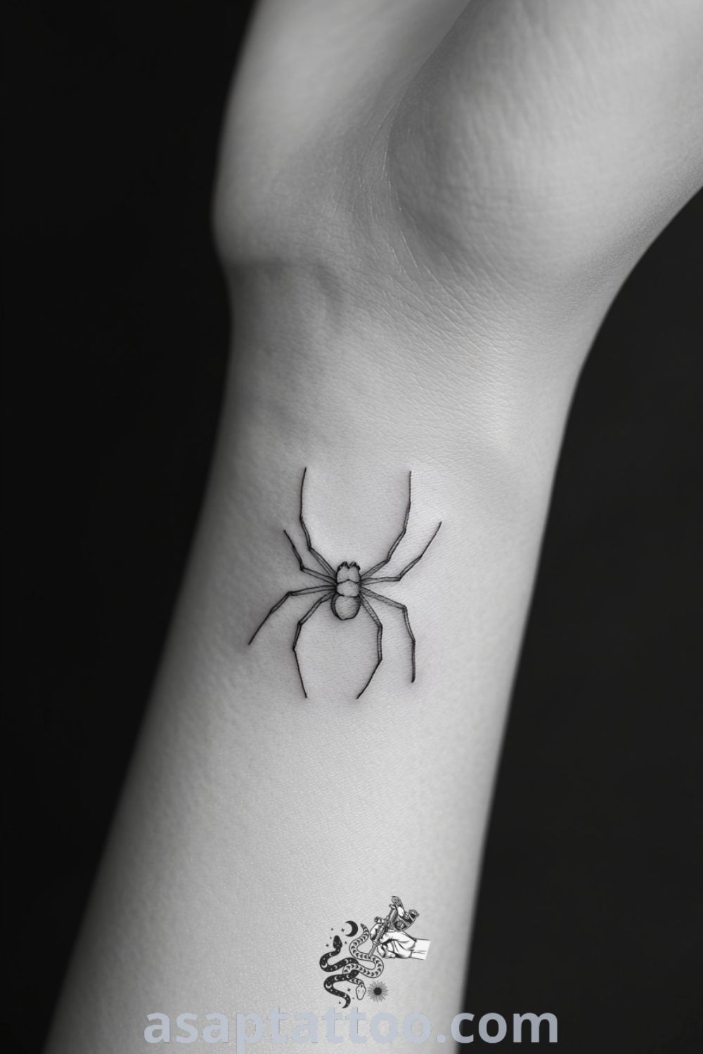 Minimal spider tattoo on the wrist featuring fine lines and a gradient from black to charcoal gray. An elegant and inspiring tattoo idea you must see. asaptattoo.com