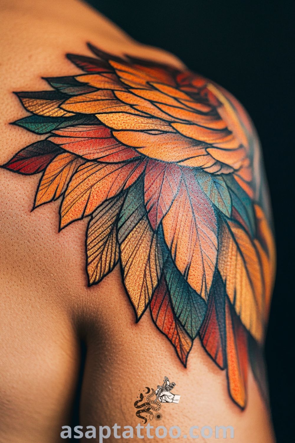 Iridescent phoenix tattoo on shoulder blade with vibrant orange, red, and gold colors and intricate linework. A gorgeous tattoo idea you must see to believe that symbolizes rebirth. asaptattoo.com