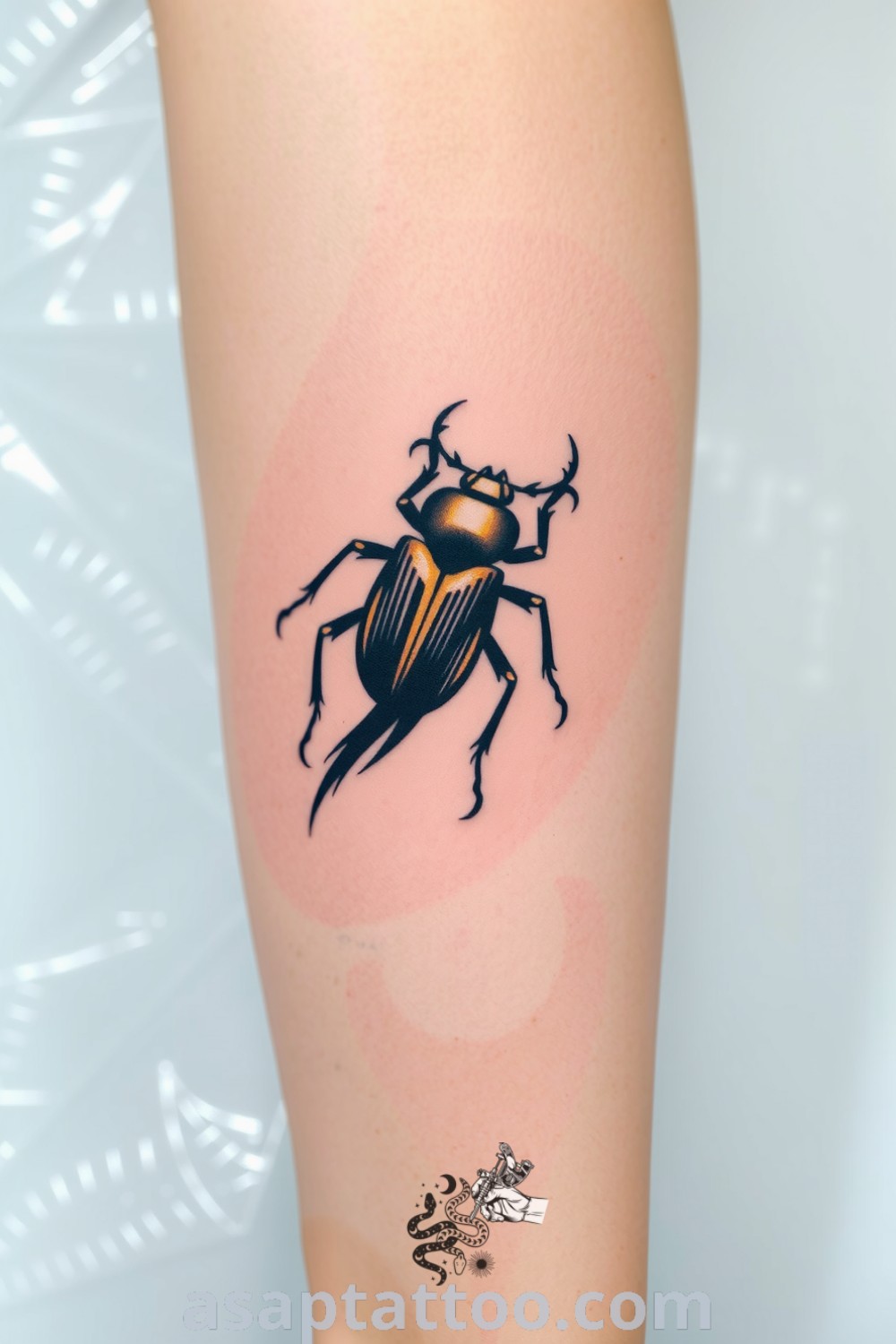 Brushstroke beetle tattoo with elegant lines and deep ink saturation, showcasing dynamic flair and lifelike quality. A gorgeous tattoo idea you must see to believe. asaptattoo.com