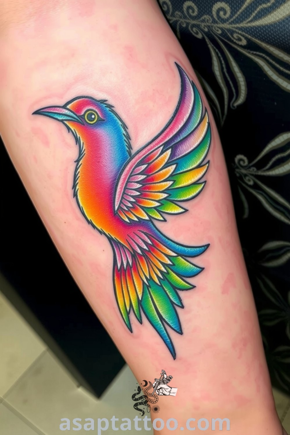 Psychedelic bird tattoo with vibrant sunset colors, intricate linework, and depth through dot shading. A gorgeous tattoo idea to inspire you and celebrate individuality. asaptattoo.com
