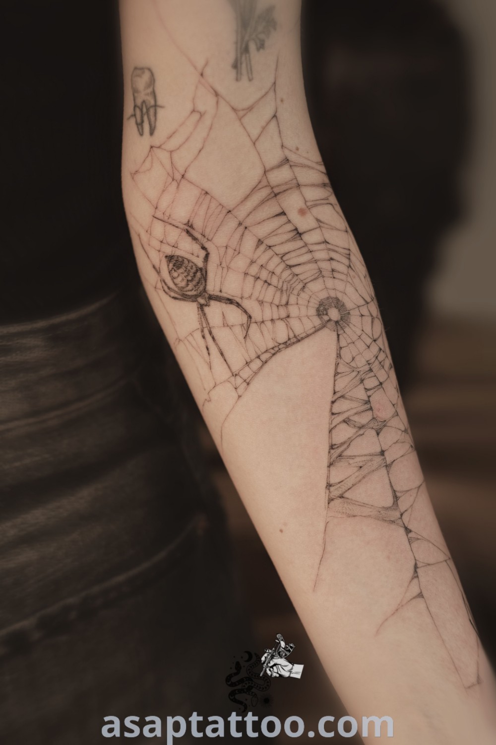 Stunning spider web tattoo on the arm, showcasing gorgeous nature-inspired art and body mods. A perfect choice for tattoo apprentices and those seeking elegant tattoo sleeve ideas. Discover more at asaptattoo.com.