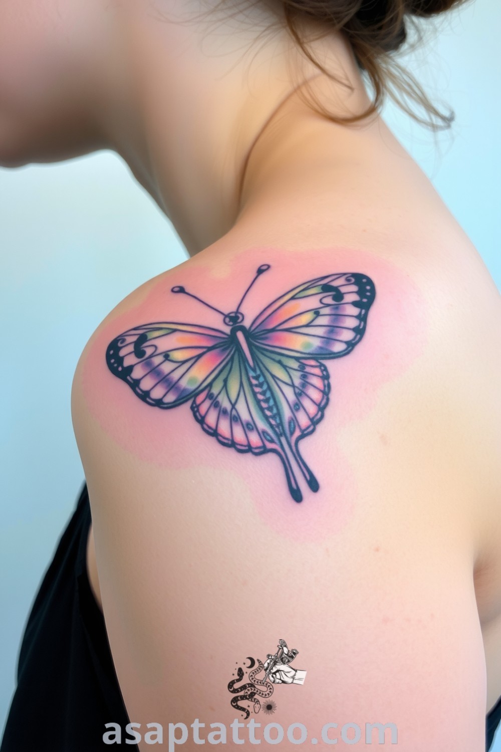 Vintage butterfly tattoo with intricate linework and soft pastel colors, depicting movement and transformation. A gorgeous and inspiring tattoo idea you must see. asaptattoo.com