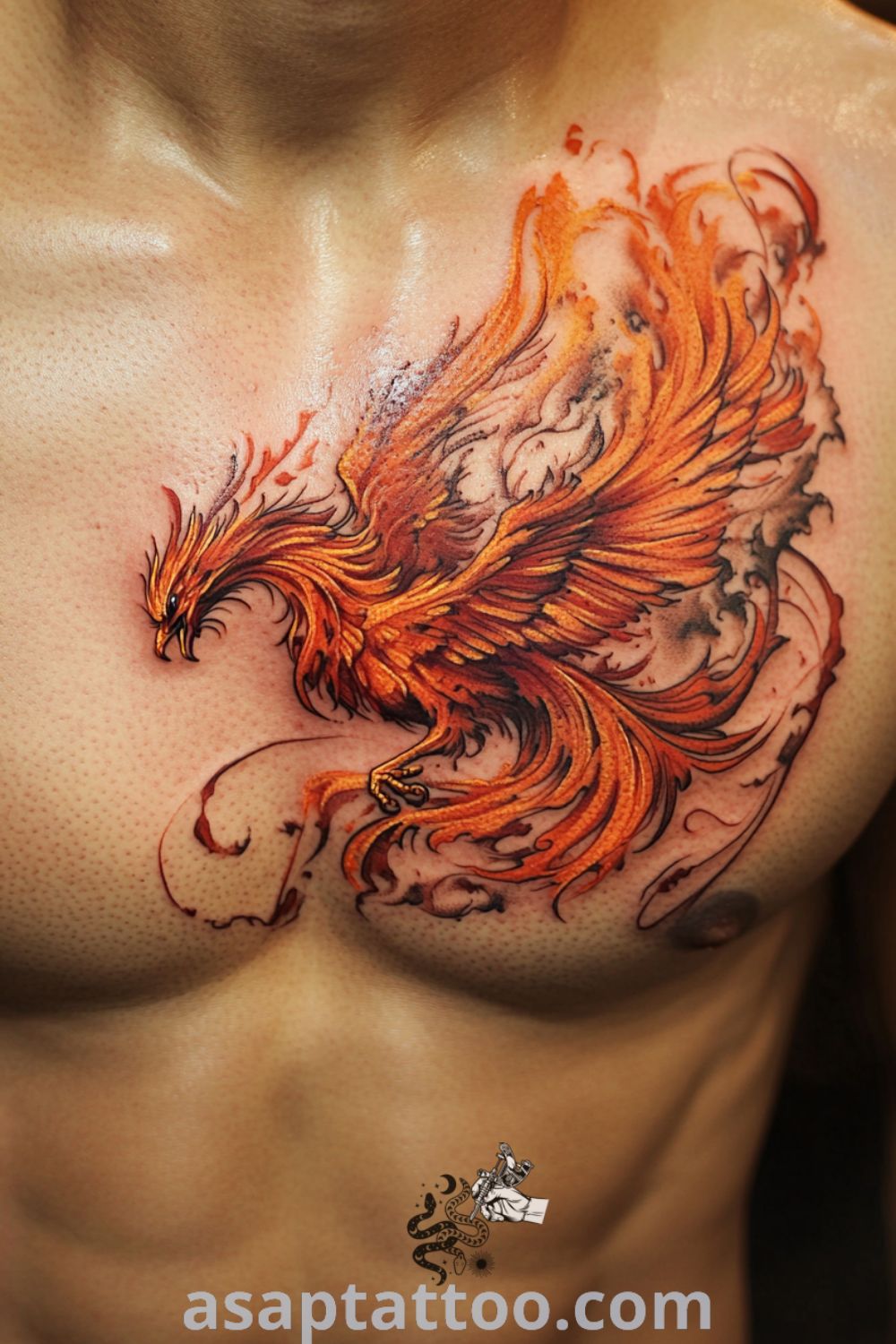 Phoenix tattoo in vibrant orange and red hues, showcasing intricate linework and lifelike feathers. This amazing design embodies strength and renewal, making it one of the best tattoo ideas you have to see to believe. asaptattoo.com