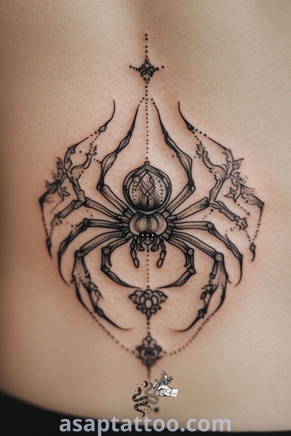 Ornamental spider tattoo with intricate linework and rich blacks blended with subtle grays, creating depth and texture on medium skin. This gorgeous tattoo design will inspire you to get inked. asaptattoo.com