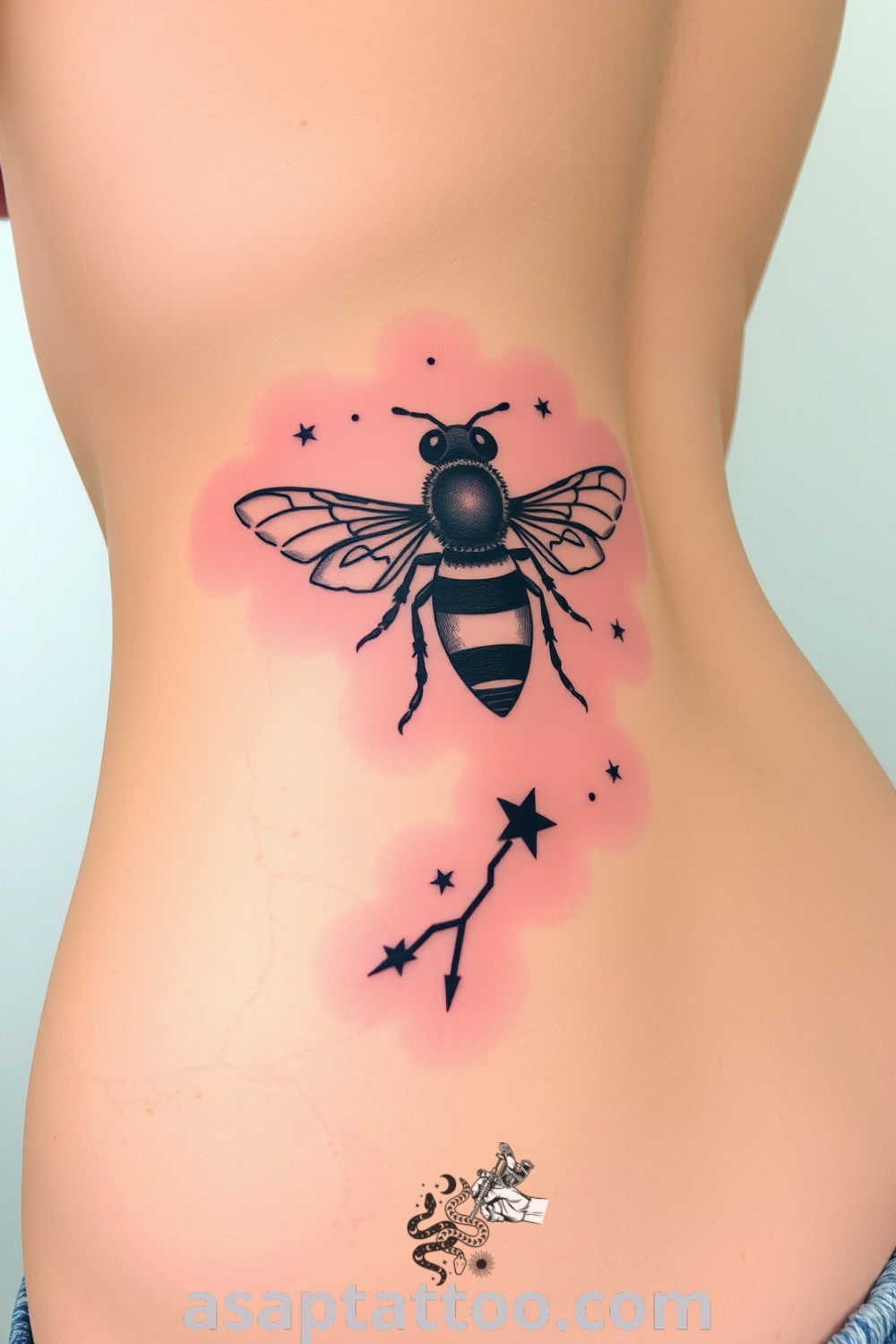 Constellation bee tattoo with intricate linework and a gradient of deep blues and blacks, adorned with twinkling stars. A gorgeous tattoo idea that you must see to believe. asaptattoo.com