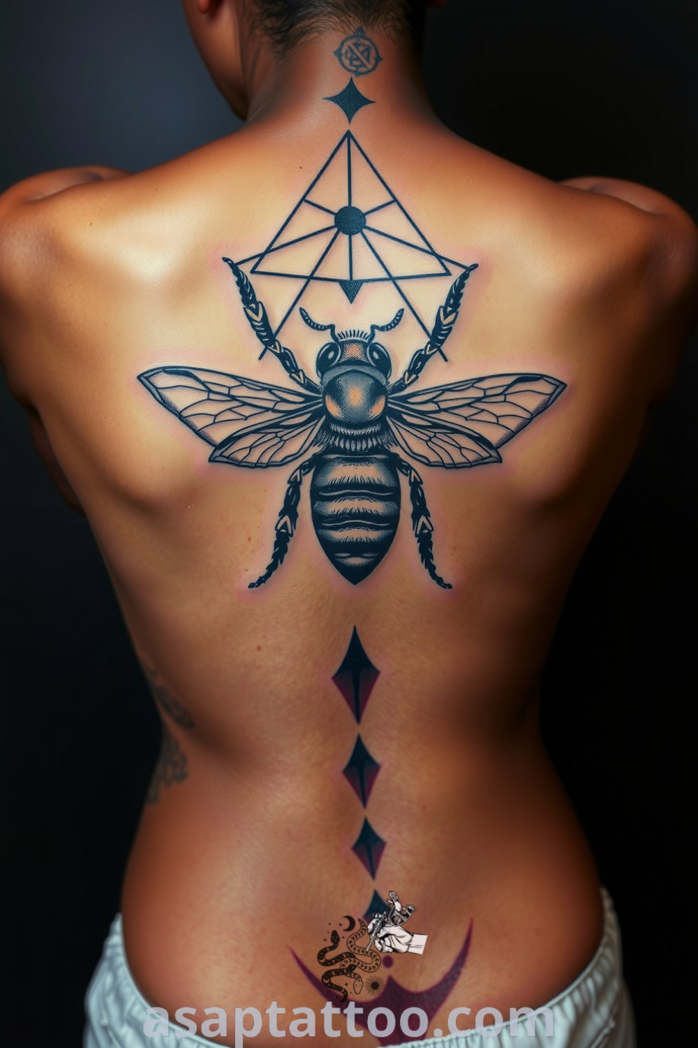 Sacred geometry bee tattoo along the spine with intricate linework and deep black ink, highlighting nature